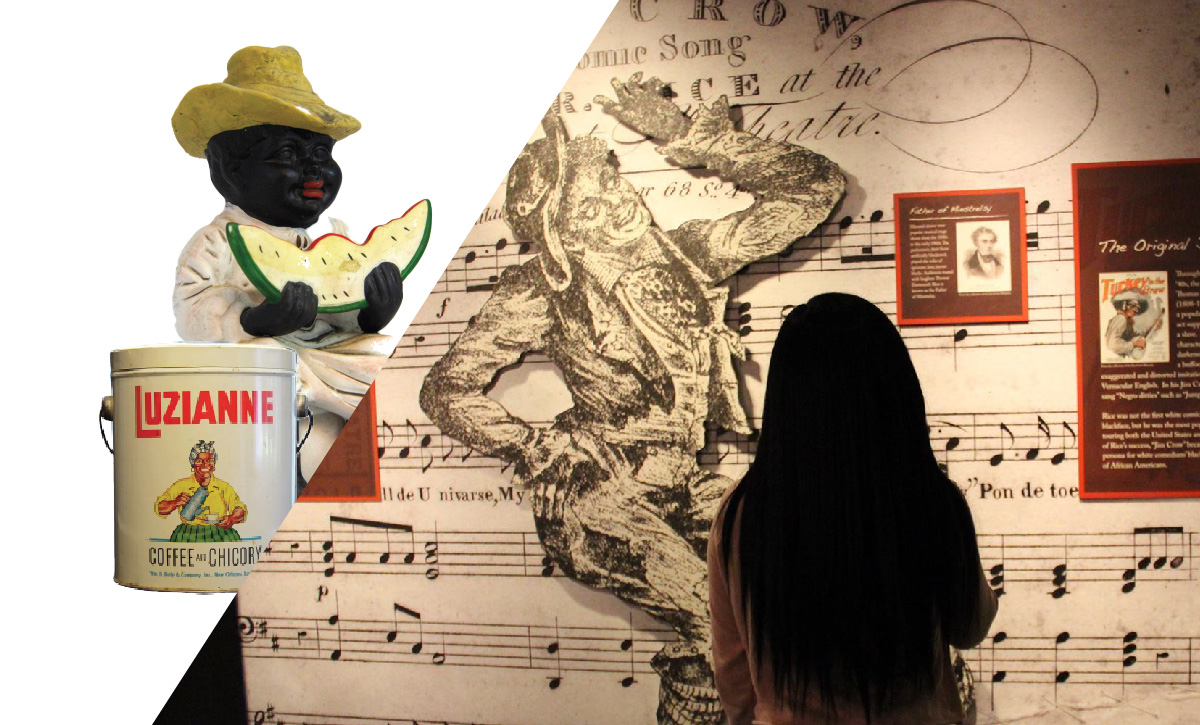 Jim Crow Museum artifacts and a museum visitor encoutering an exhibit